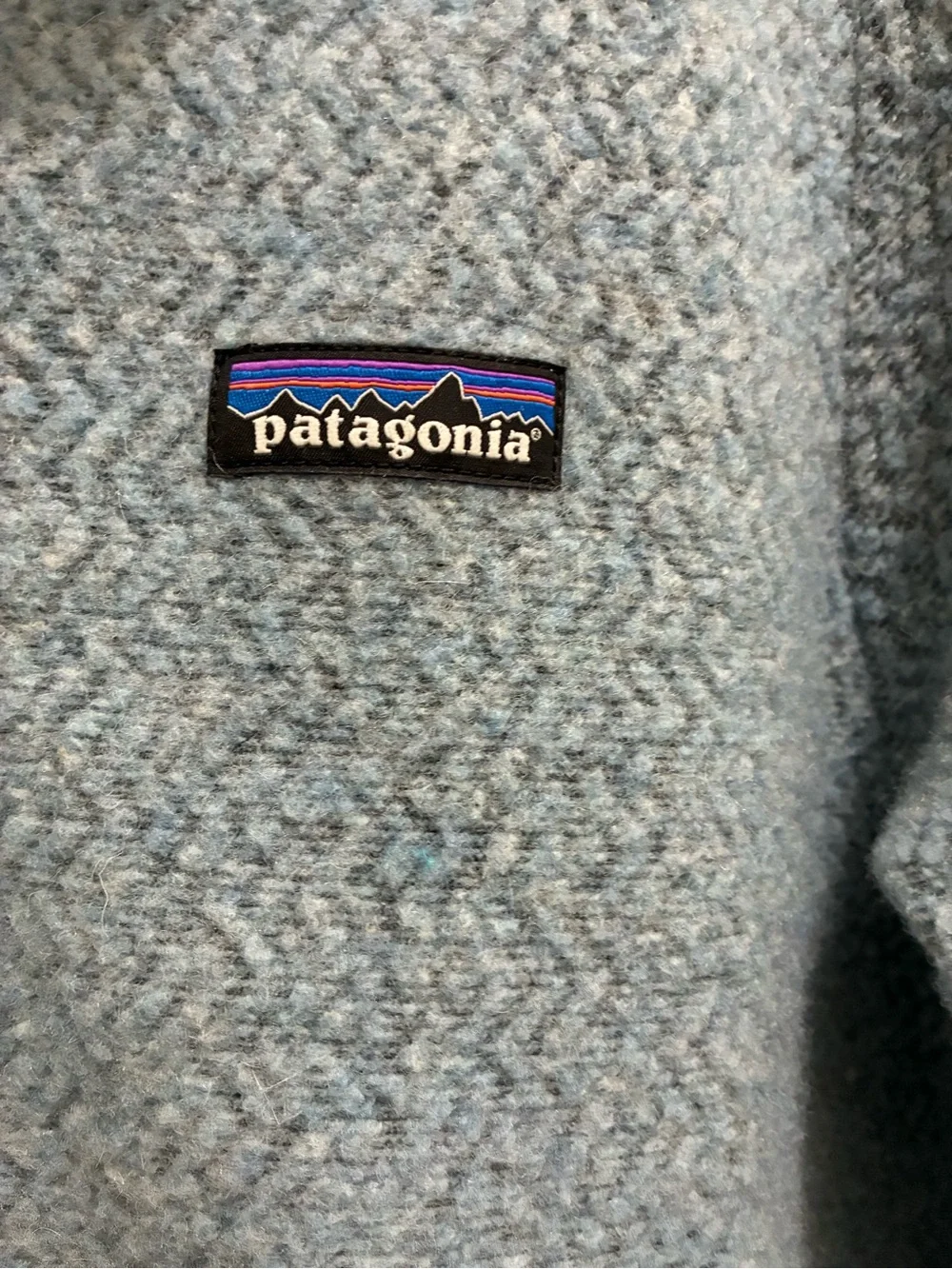 Patagonia Heather Light Blue Wool blend Fleece full zip with Navy Trim